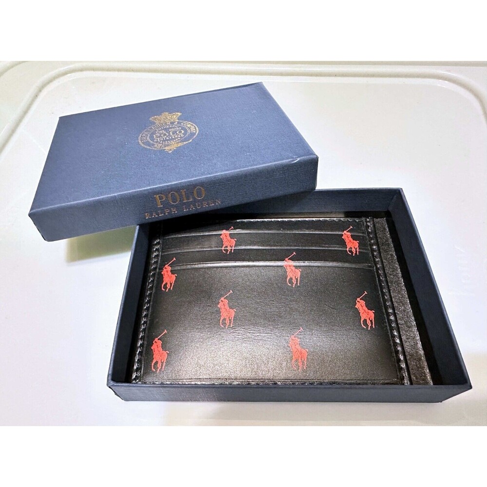 NIB POLO RALPH LAUREN Men's  Leather Card Case ALL OVER PONY BLACK/RED